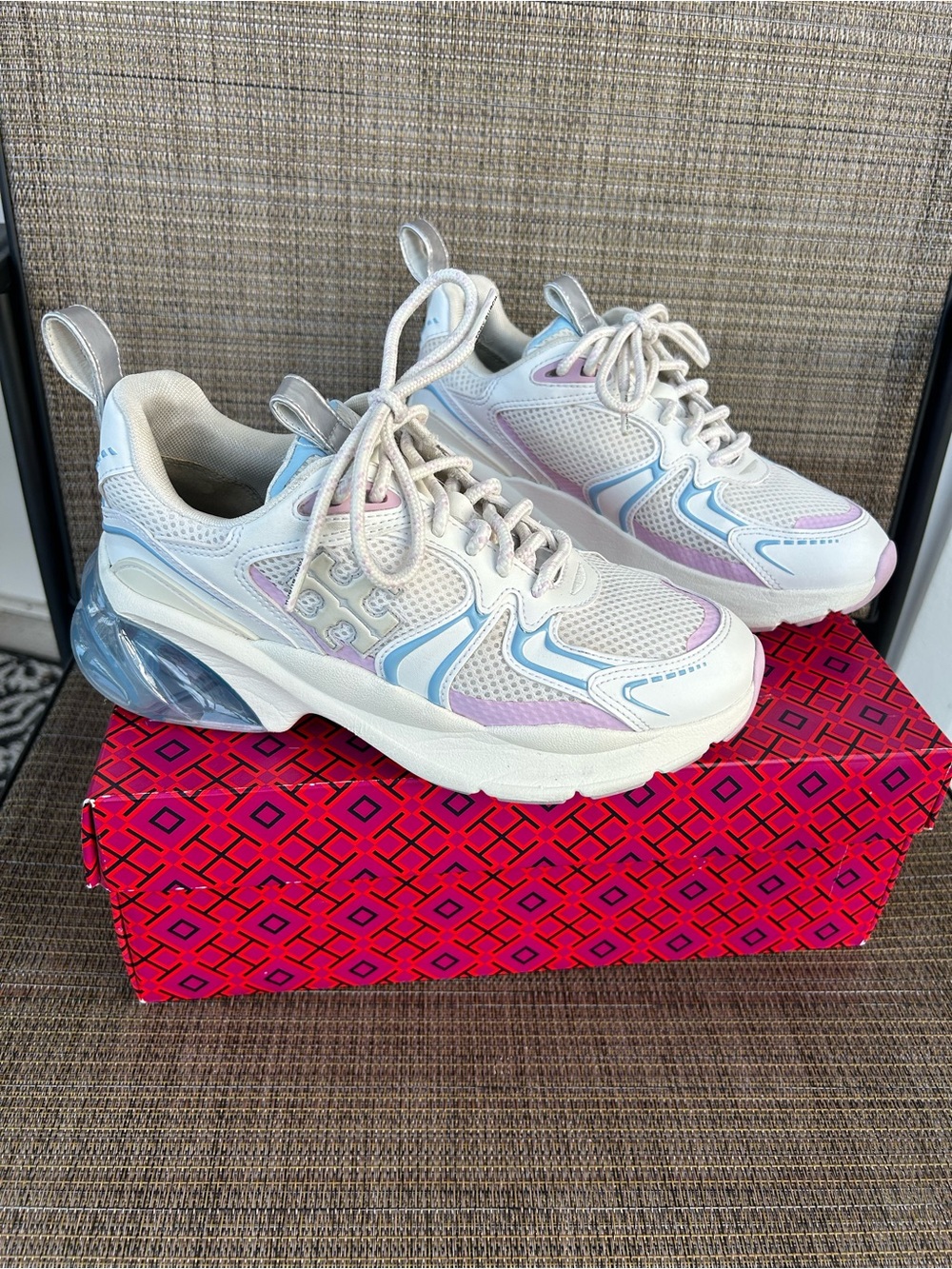 Tory Burch size 6.5 Good Luck Tech Trainers White Blue Lilac Sneakers shoes